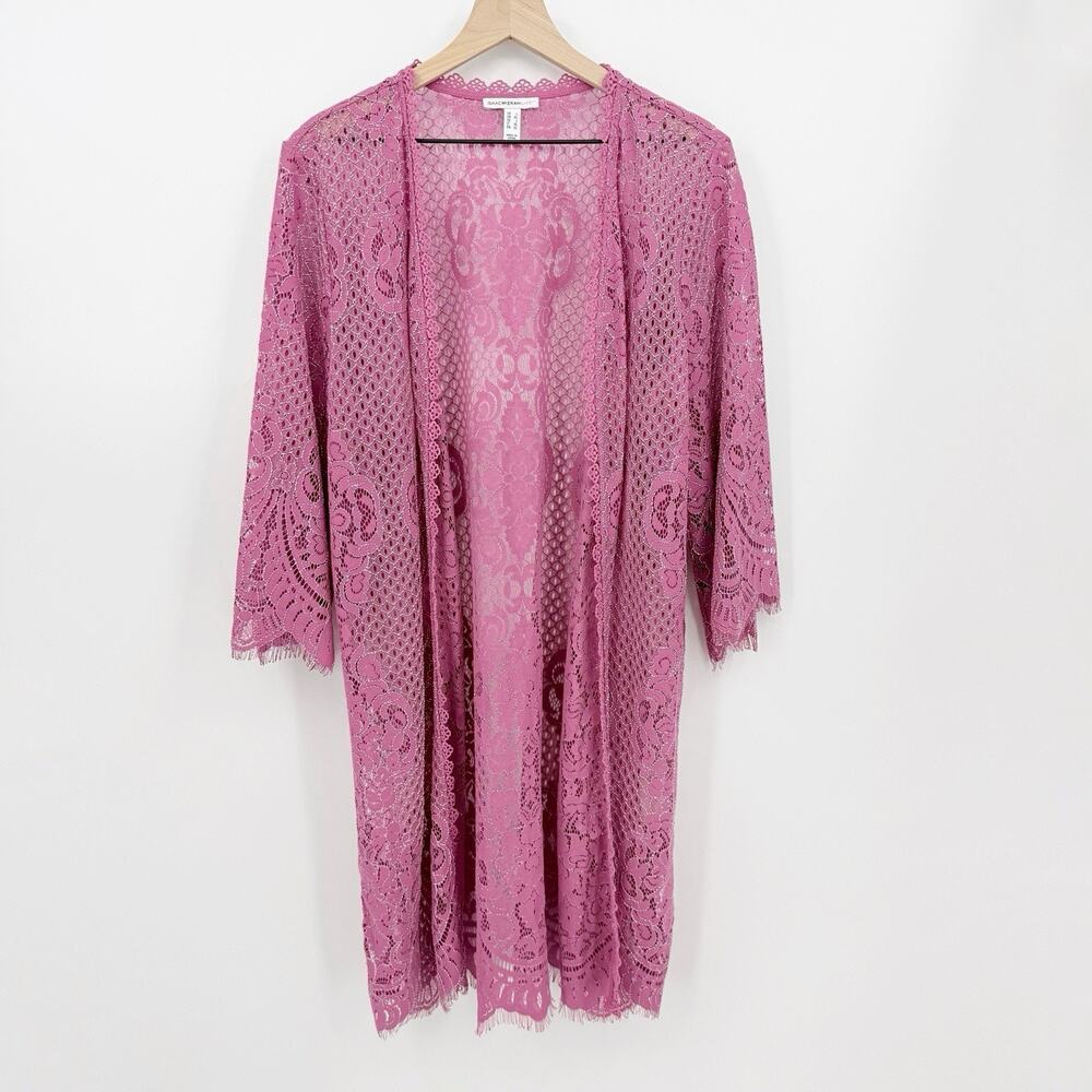 Isaac Mizrahi Pink Lace Kimono Cardigan Duster Open Front Boho L Layering Resort